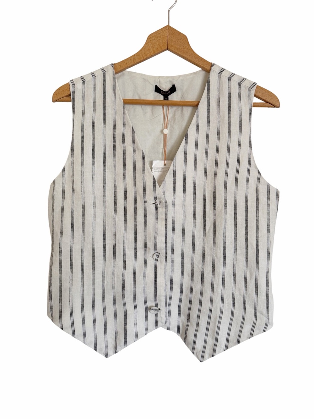 Quince European Linen Oatmeal/Black Stripe Summer Vest size S